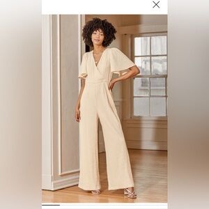 Lulu’s Heart's Desire Cream Flutter Sleeve Surplice Wide-Leg Jumpsuit